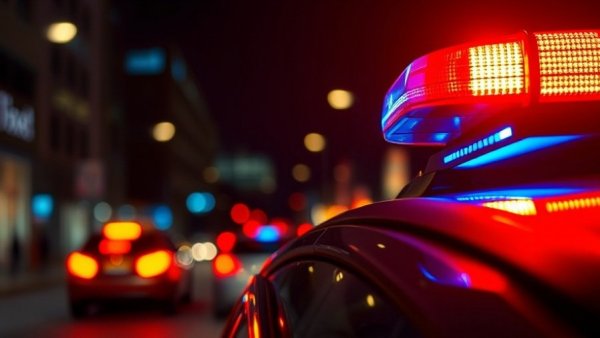 Police car with flashing lights at night during San Antonio Jewelry Heist.