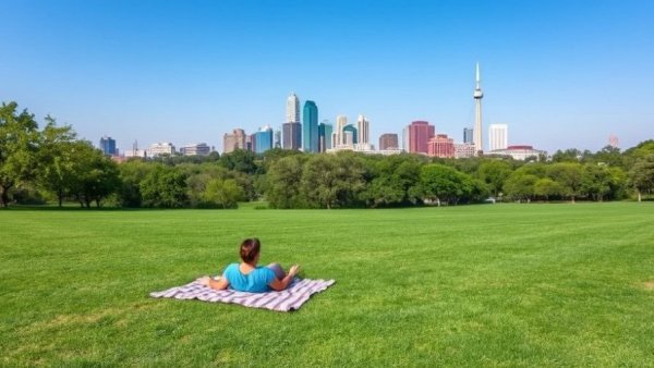 Relaxed park scene in Austin showing city backdrop.