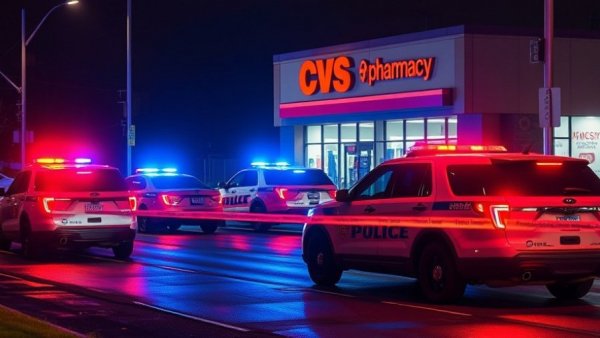 Police vehicles at CVS scene, officer stabbed in downtown Houston.