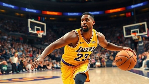 NBA top plays action shot with player in Lakers jersey performing on the court.