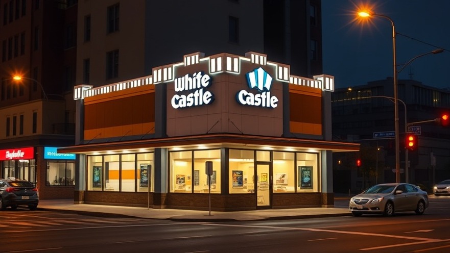 White Castle Texas debut: modern fast food restaurant at night, warmly illuminated.