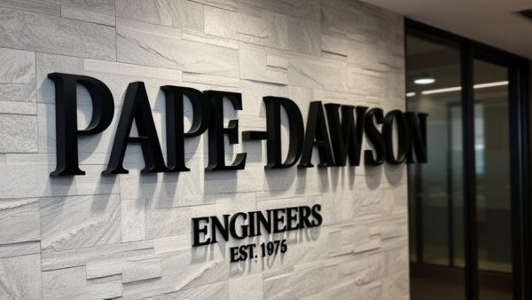 Pape-Dawson Engineers sign on stone wall. Company founding year displayed.