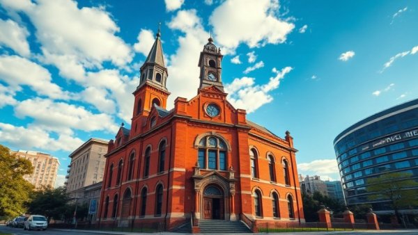 Bexar County Courthouse with red-brick architecture under blue sky.