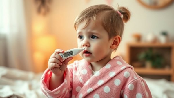 Child coughing while holding a thermometer during pertussis outbreak.