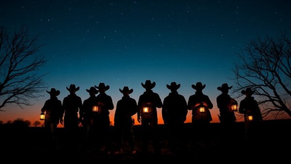 Texas Legacy in Lights: Cowboys with lanterns under a starry sky at dusk.