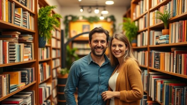 Cozy independent bookstore, colorful shelves in San Antonio.