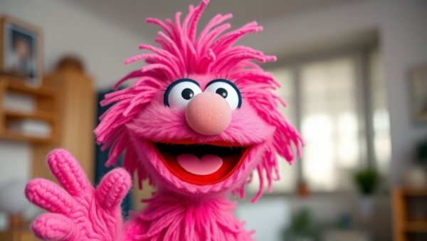 Vibrant pink Muppet figure with colorful hair at an auction.