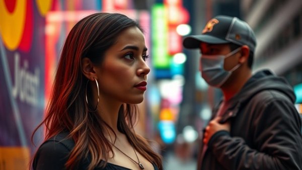 Thoughtful woman and masked individual, urban setting.