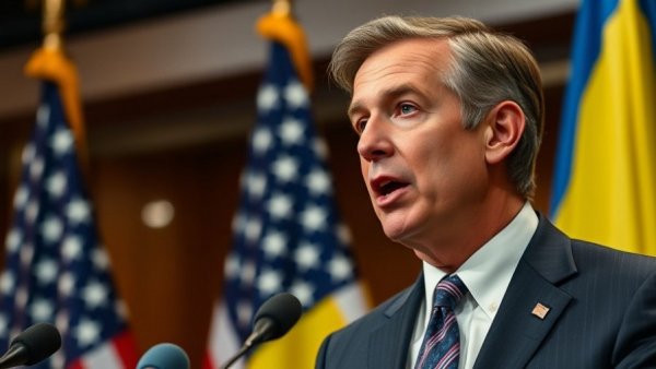 Politician discussing Trump's peace plan for Ukraine at a press event.