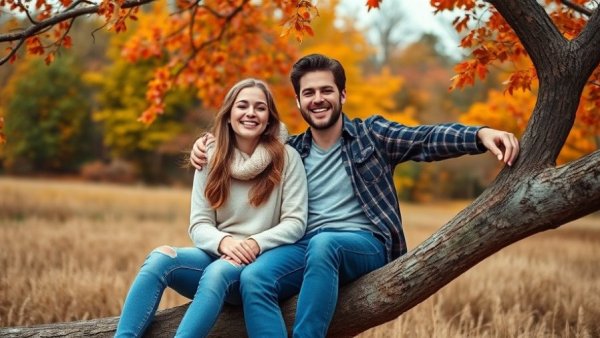 Friends enjoying nature in autumn field, vibrant foliage.