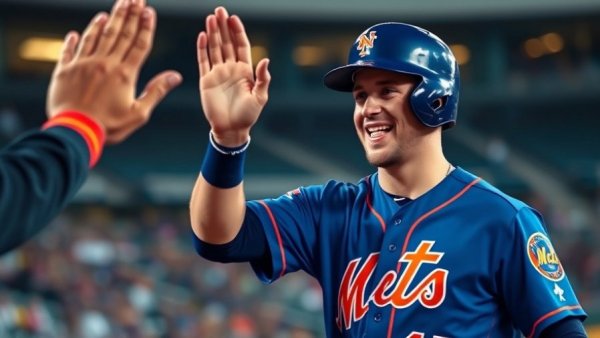 New York Mets player high-five in dugout, Marcus Semien Brandon Nimmo trade.