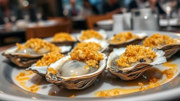 Baked oysters at Casamento's Oyster House New Orleans, garnished with breadcrumbs.