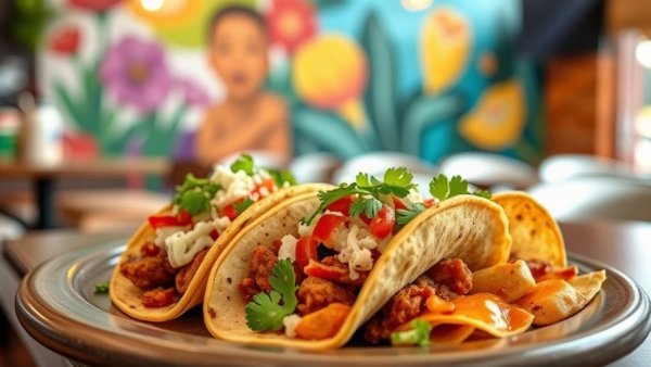 Delicious Tacoro Tacos & Tequila in Plano with vibrant mural backdrop.