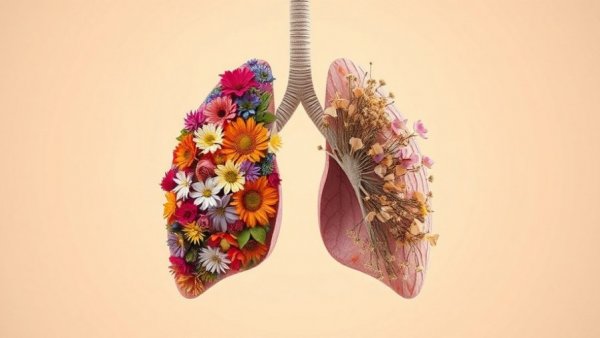 Lung cancer symptoms in women illustrated with contrasting flower lungs.