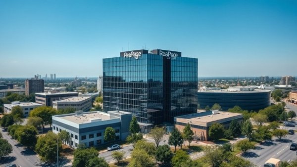 RealPage office building amid urban landscape, clear sky.