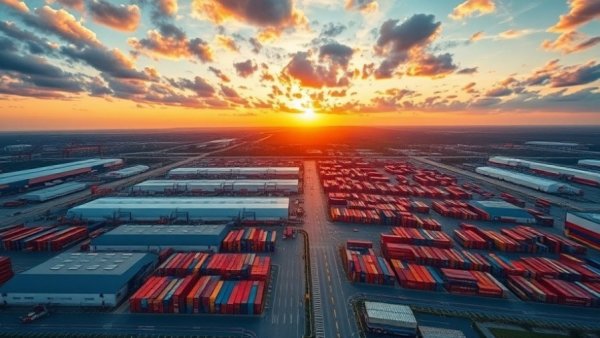 Aerial view of Dallas logistics companies with colorful containers and sunrise.