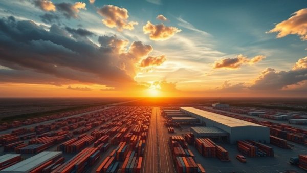 Aerial view of Dallas logistics district at sunrise with containers and warehouses.
