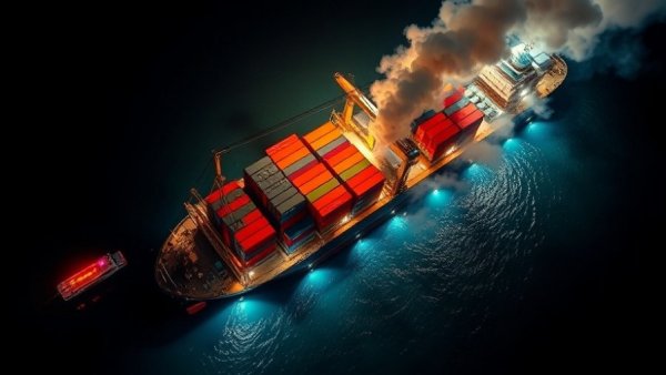 Cargo ship fire Los Angeles aerial view at night with smoke.