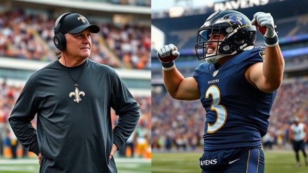 Saints coach and Ravens player in split-screen, Saints decision to tryout Justin Tucker topic.