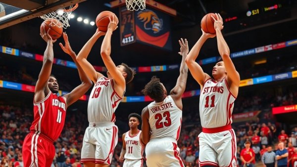 Intense basketball game moments between St. John's and Iowa State players.
