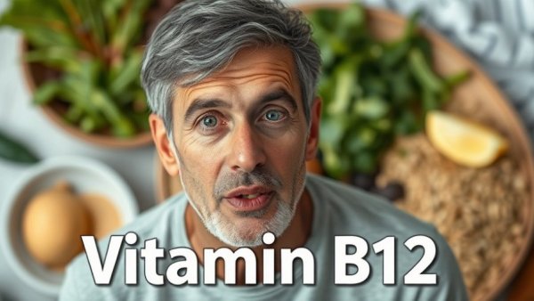 Middle-aged man explains daily vitamin B12 needs with healthy meal background.
