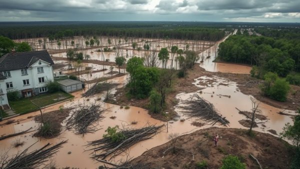 Aerial view of flood damage at Texas area, fallen trees amid muddy landscape.