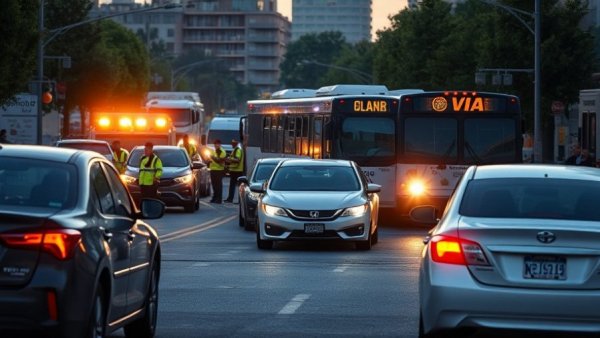 VIA bus accident with multiple vehicles in San Antonio street scene.