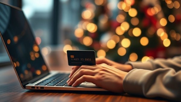 Close-up of hands with credit card during online shopping, Cyber Monday.