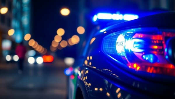 Vivid police car with blue lights at night, Maria De La Rosa shooting context