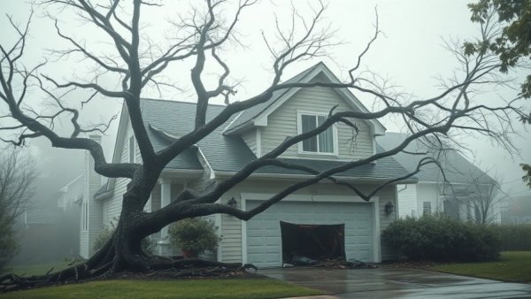 Texas storm damage report: fallen tree on damaged house in foggy setting.