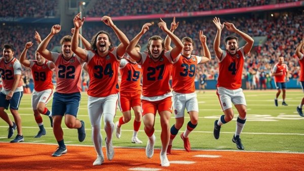 Buffalo players cheer exuberantly during a touchdown celebration