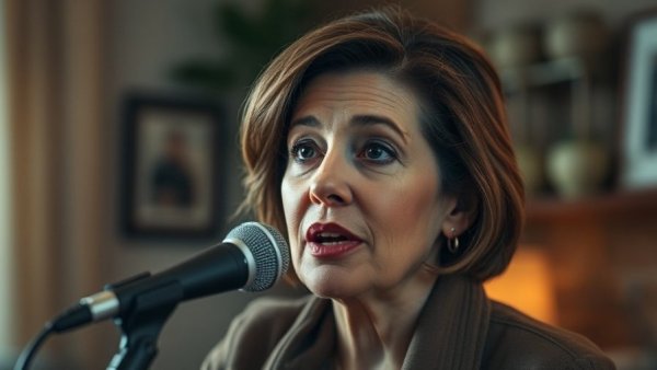 Mature woman discusses women's hormones disruption, speaking into microphone.