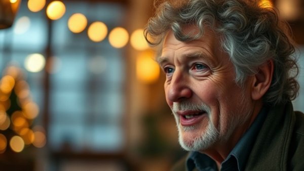 Warm expression of older man in cozy setting, light ambiance.