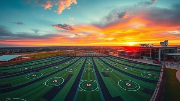 Dramatic aerial view of Topgolf New Braunfels at sunset.