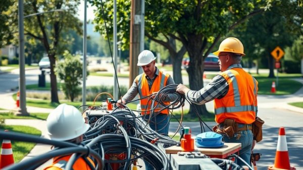 Construction workers laying internet cables in San Antonio suburb.