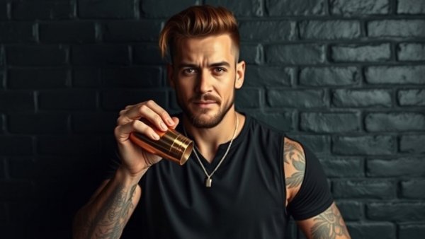 San Antonio entrepreneurs: Man shaking cocktail shaker against brick wall.