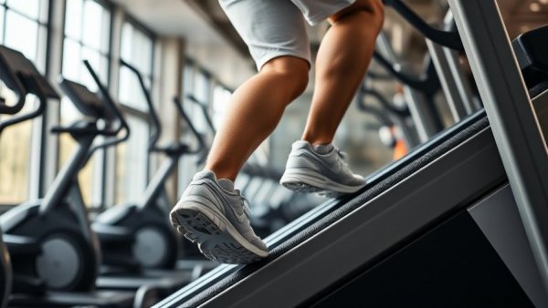 Close-up legs exercising on stair climber for brain health.