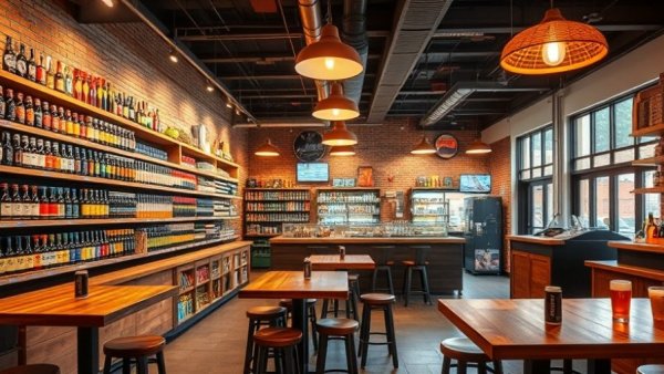 Modern craft beer store in New Braunfels with tables and vibrant lighting.