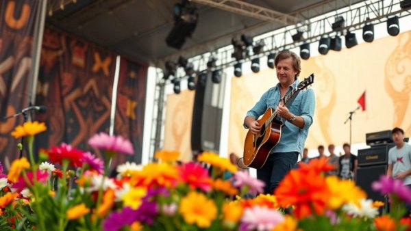 Musician performing at Old Settler's Music Festival 2026, flowers foreground.