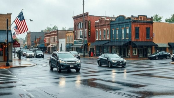 Small town street in Virginia with rainy weather and vintage architecture.