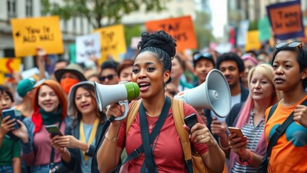 Activists protest rally, woman with megaphone, DACA arrest concerns.