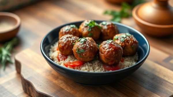 Delicious tomato braised turkey meatballs on quinoa, garnished with herbs.