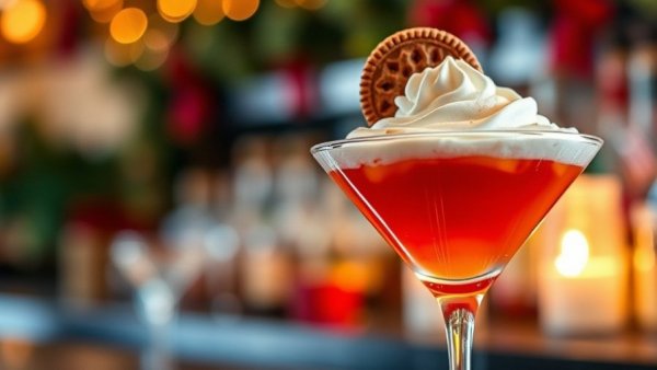 Festive holiday cocktail in Dallas with cookie garnish.