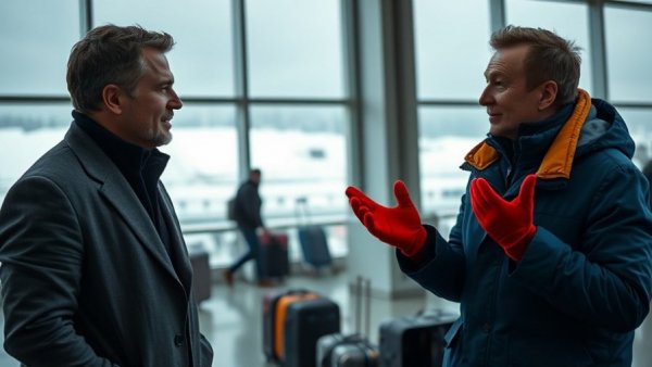 Two men in winter attire talking at an airport in snow, Planes, Trains and Automobiles.
