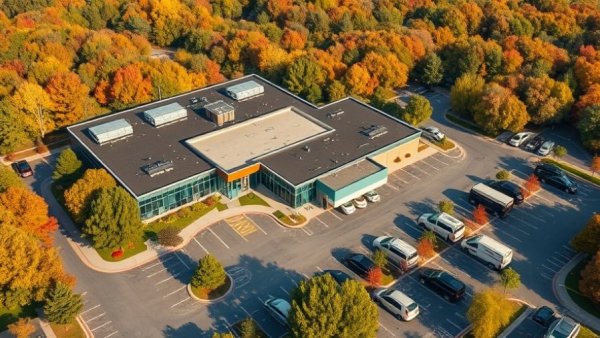 Aerial view of a commercial complex in Austin, TX showcasing vibrant autumn foliage.
