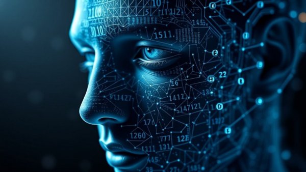 Futuristic digital face depicting personalized algorithms and learning.