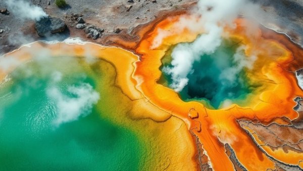 Vibrant Yellowstone hot spring with colorful geothermal features.