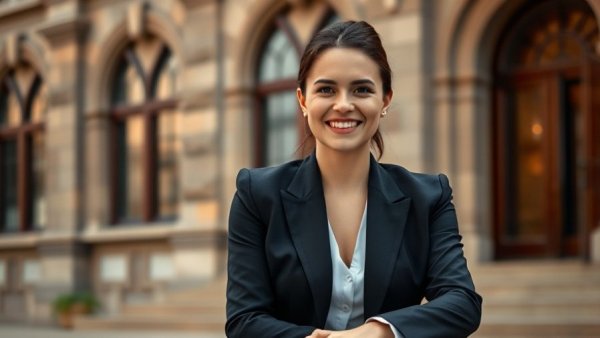 Dallas business news: woman in business attire smiling outdoors, elegant setting.