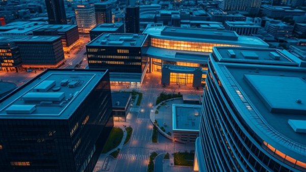 Aerial view of modern Dallas corporate headquarters at dusk.