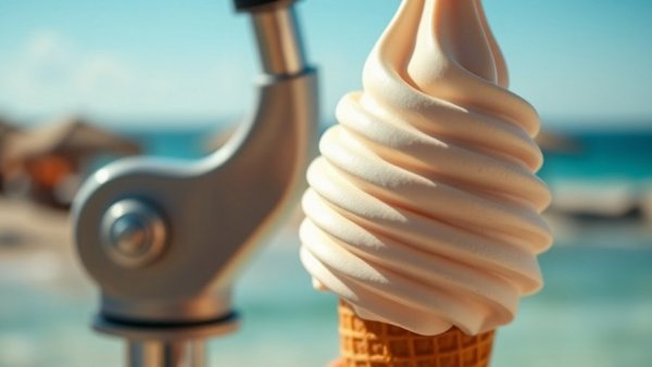 Dispensing ice cream close-up at a sunny beach.